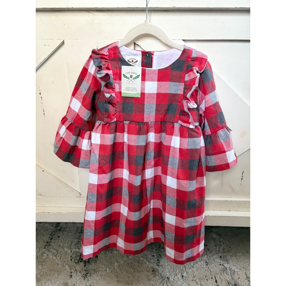 The Oaks Apparel Sarah Beth Plaid Ruffle Bell Sleeve Dress Red White Gray Size 5